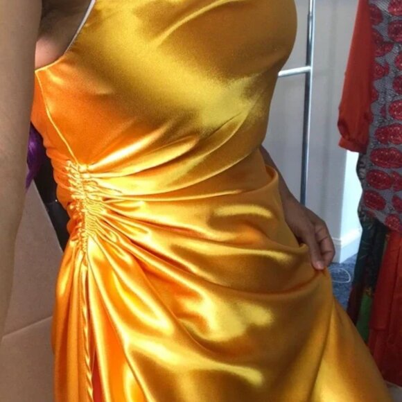 Callie Lives Miss Circle: Golden Yellow Sleeveless Cami Cowl Neck Slip Dress LG